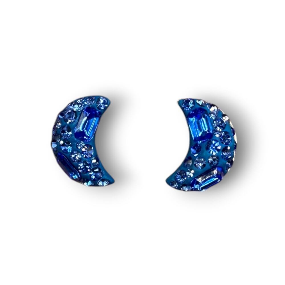 Vintage Sterling Silver Blue Rhinestone Domed Crescent Moon Stud Earrings 3D - Picture 4 of 9